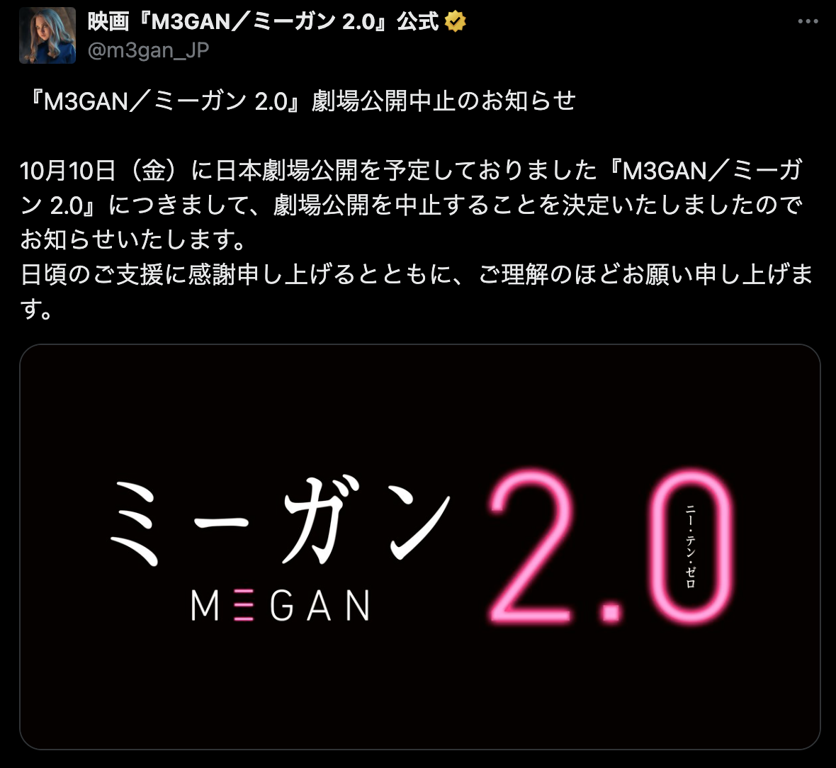 ミーガン続編が劇場公開中止が正式決定。東宝東和が発表 DJPLUM ADVENTURETIMES
